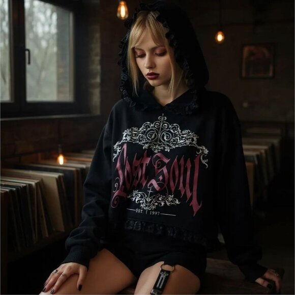 Fact Unfounded Lost Soul Hoodie – by Widow Black Lace Trim Gothic Graphic XS - Picture 6 of 6